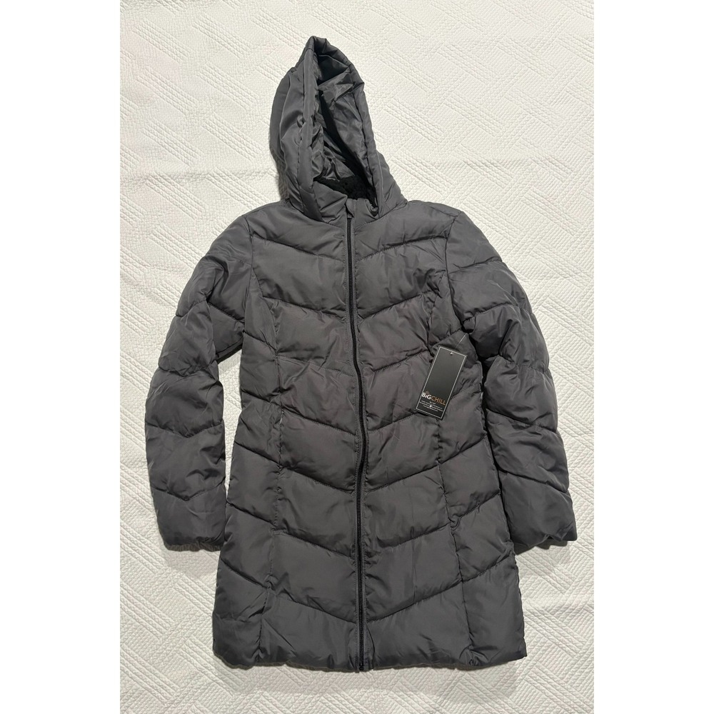 Big Chill Women's Puffer Jacket Grey Quilted Size S Full Zip Hood Pockets NWT